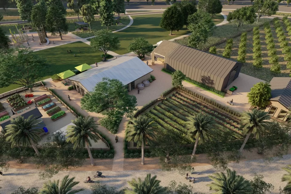 Rendering of the proposed Farm Hub at The Great Park, Ontario